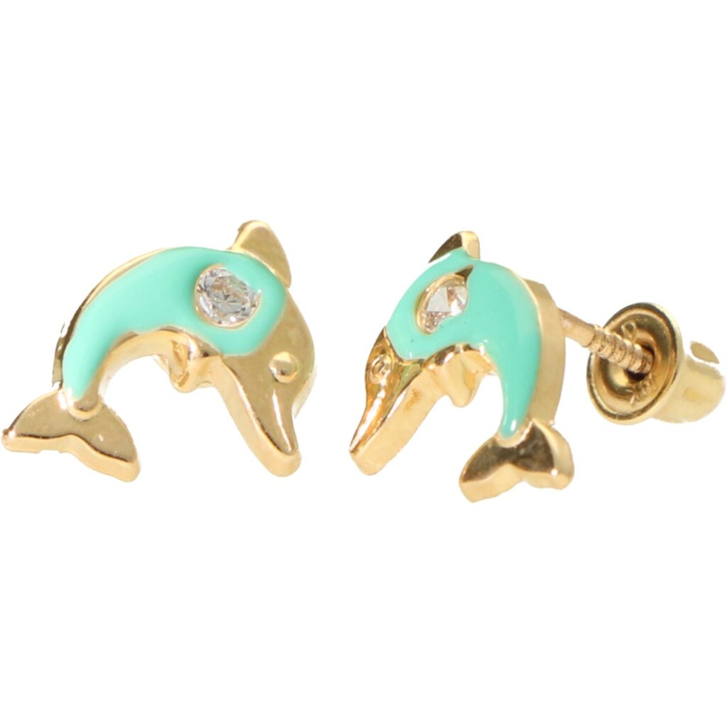 Turquoise Dolfijn Oorbellen Zirkonia Schroefsluiting -14kt Goud