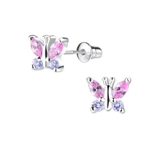 Zilveren Vlinder Oorbellen Meisje Schroefsluiting - Roze