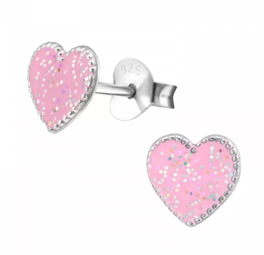 Hartvormige Roze Glitter Oorknopjes – 925 Zilver – 7mm – Voor Meisjes