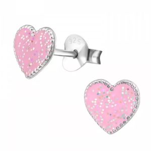 Hartvormige Roze Glitter Oorknopjes – 925 Zilver – 7mm – Voor Meisjes