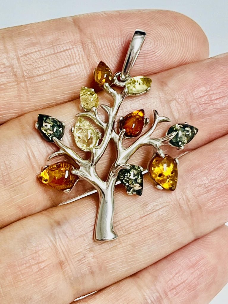 Zilveren Tree of Life Hanger met Barnsteen Amber Gerhodineerd - Afbeelding 2
