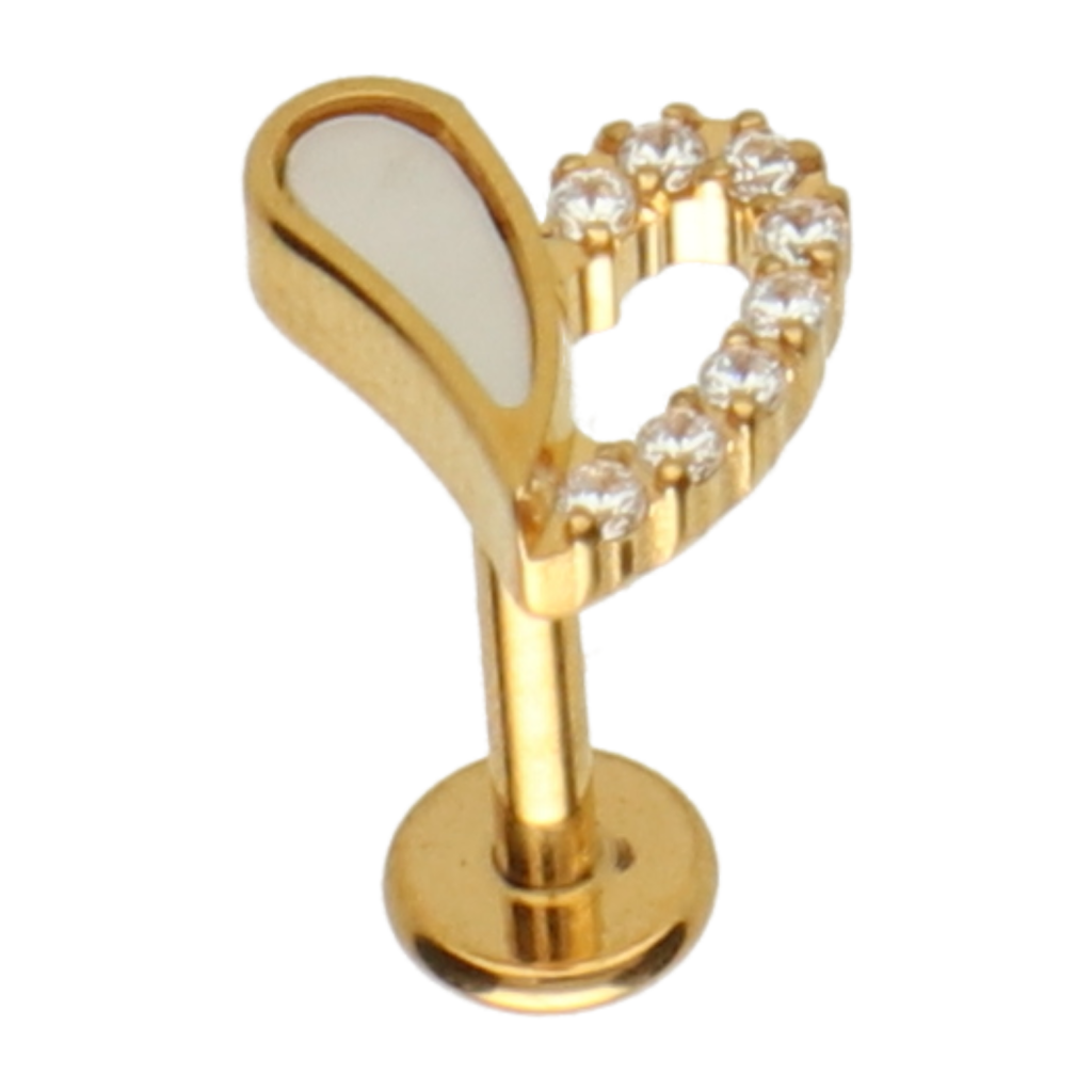 Tragus Piercing Hartvorm 316L Chirurgisch Staal Goudkleurig – Parelmoer & Zirkonia - Afbeelding 2