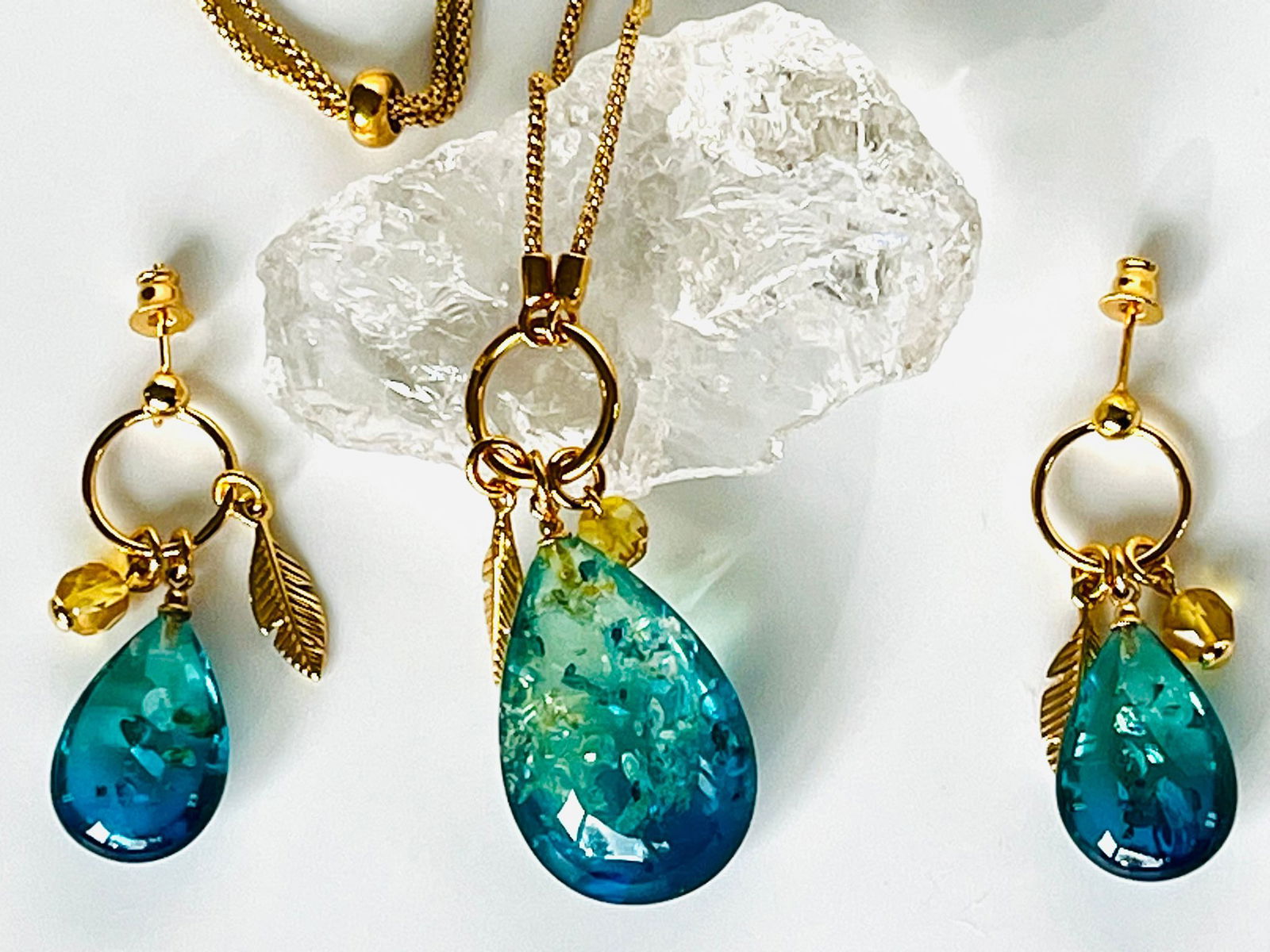 Zilveren Dames Ketting verguld met Blauw Barnsteen - Veer - Afbeelding 3