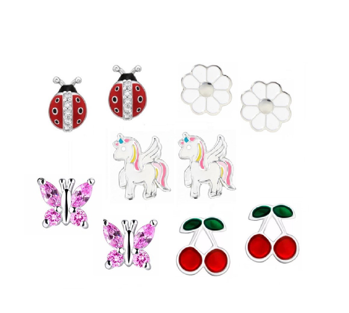 kinderoorbellen-set-5-paar-316l-chirurgisch-staal-eenhoorn-madeliefje-lieveheersbeestje-kers-zilverkleurig-hypoallergeen