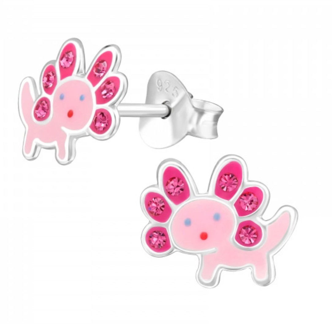 Kawaii Roze Axolotl Oorbellen - 925 Sterling Zilver met Kristal - Meisjes